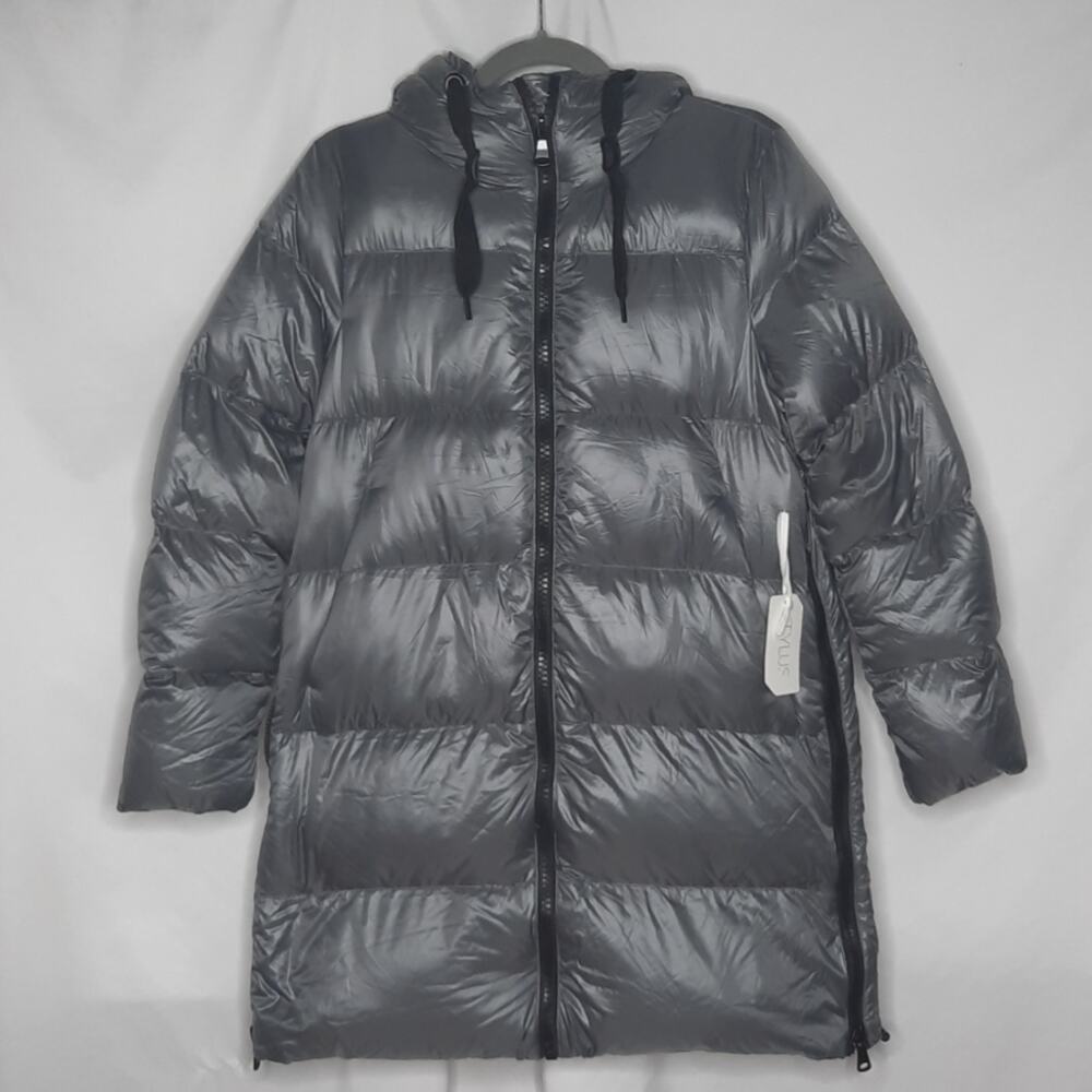 Stylus Women's Long Hooded Down Puffer Jacket Pewter Grey Small